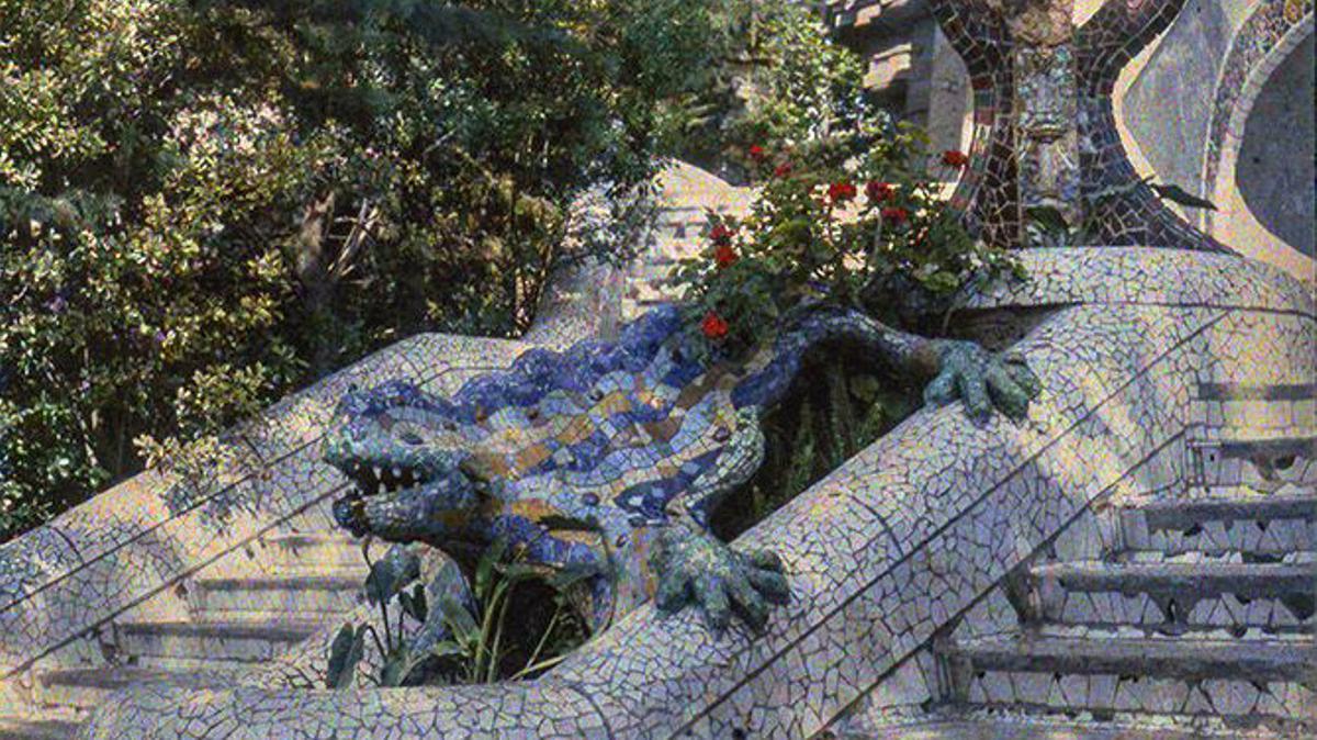 La primera fotografía en color conocida del dragón del Park Güell, con la técnica del autocromo en estereoscopia para conseguir un efecto de 3D.