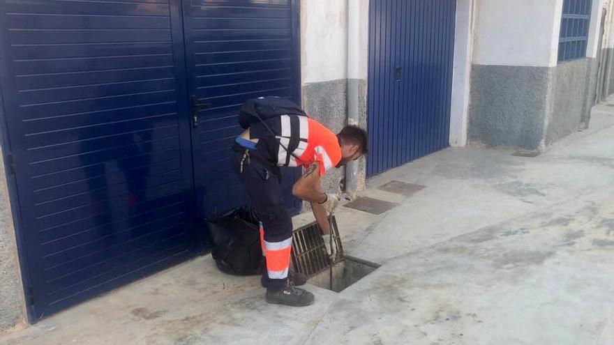 Un operario limpia una alcantarilla en la localidad de Almassora.
