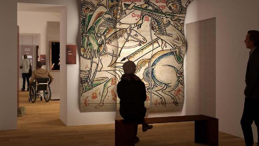 Recreación de una sala del futuro museo en la que una tela cuelga del techo.