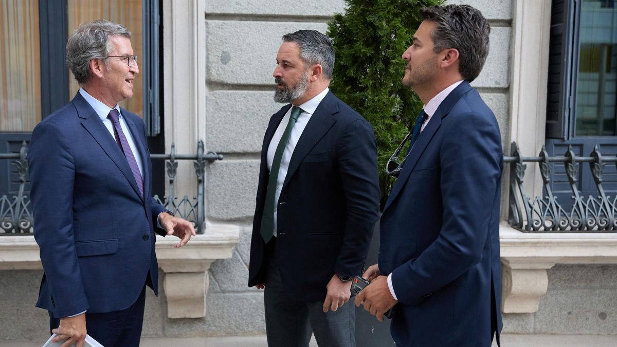 El presidente del PP, Alberto Núñez Feijóo (i) conversa con el presidente de Vox, Santiago Abascal (c), al terminar el pleno.
