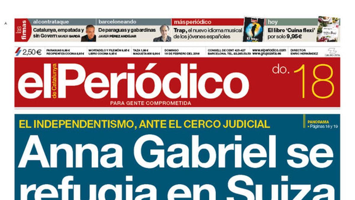 La portada de EL PERIÓDICO del 18 de febrero del 2018