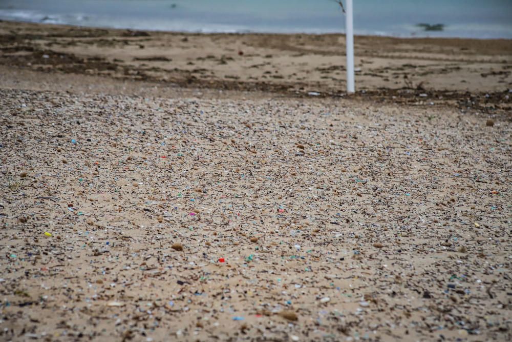 Más de tres mil fragmentos de plástico por metro cuadrado se pueden encontrar en la arena de la playa situada junto a la desembocadura del Segura en Guardamar