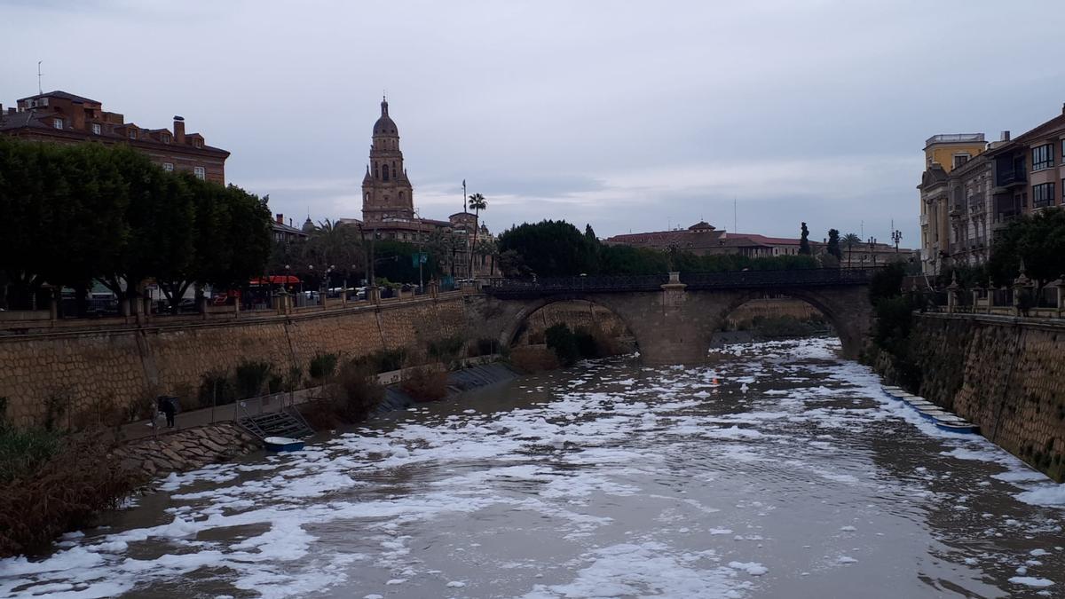 Un manto de espuma blanca cubre el río Segura a su paso por Murcia