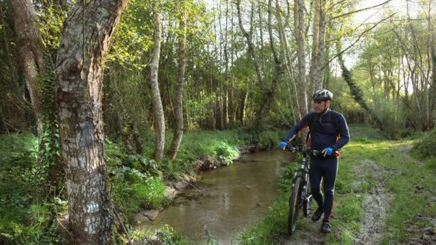 Un ciclista en el tramo existente del paseo fluvial, entre Porto do Molle y Lourido.