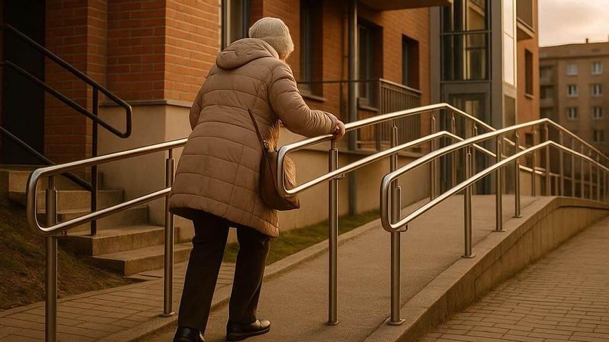 Una mujer hace uso de una rampa para llegar al acceso a su edificio.