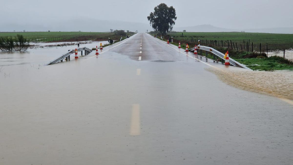 La carretera entre Cácers y Badajoz, a la salida de Cáceres, esta mañana