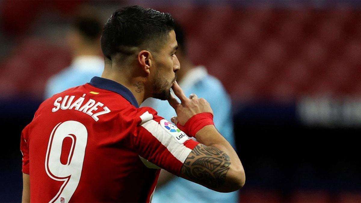 Luis Suárez celebra un gol con el Atlético de Madrid