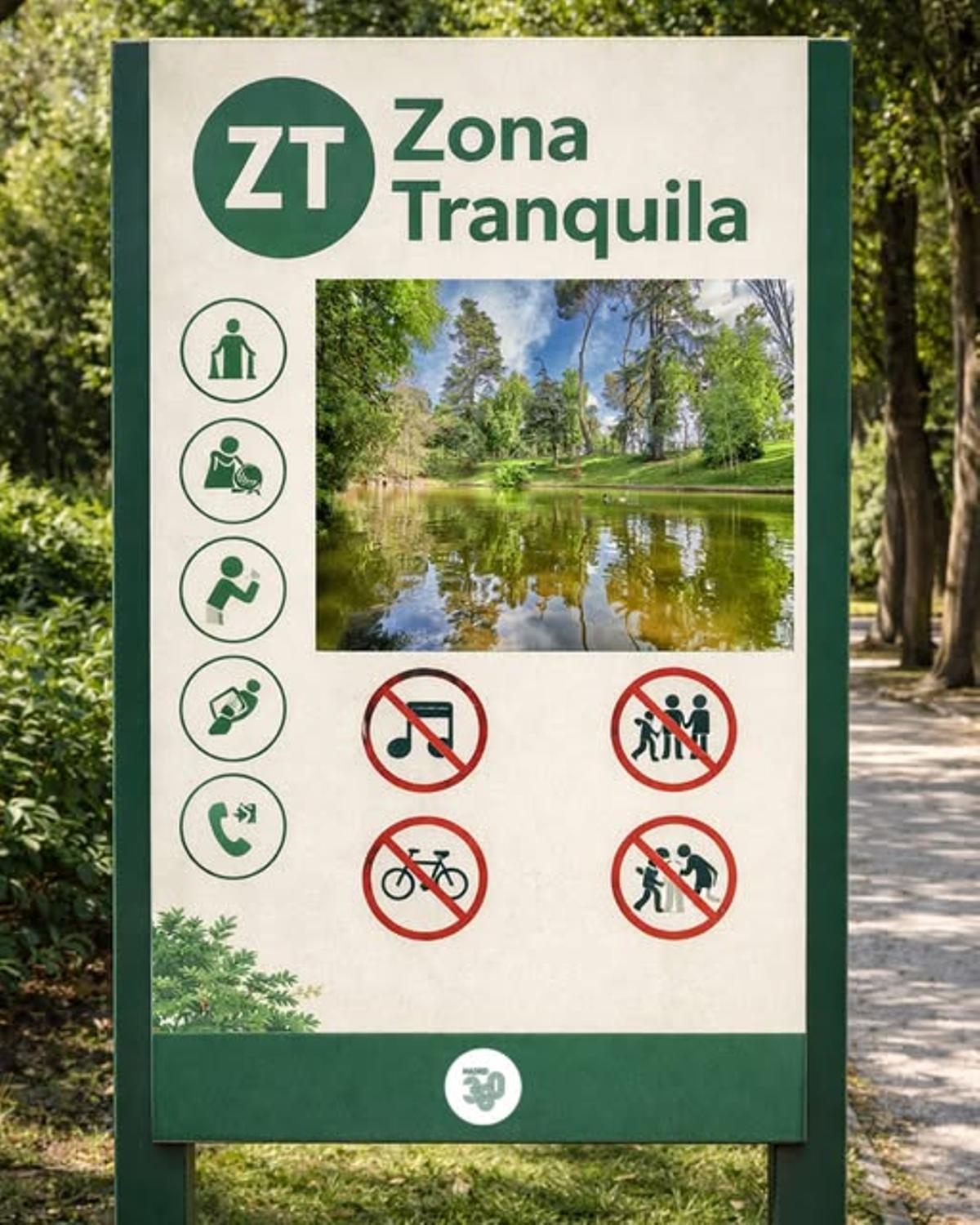 Anuncio de cuatro zonas tranquilas en el Parque del Retiro el pasado 28 de diciembre de 2025