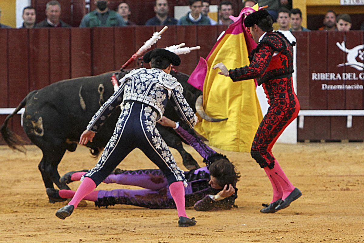 Roca Rey, en el suelo, asistido por miembros de la cuadrilla.