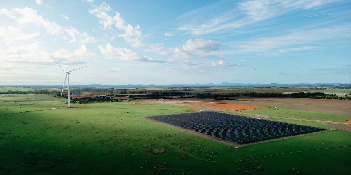 Un gran sistema solar y una turbina eólica en el suroeste de Australia Occidental.