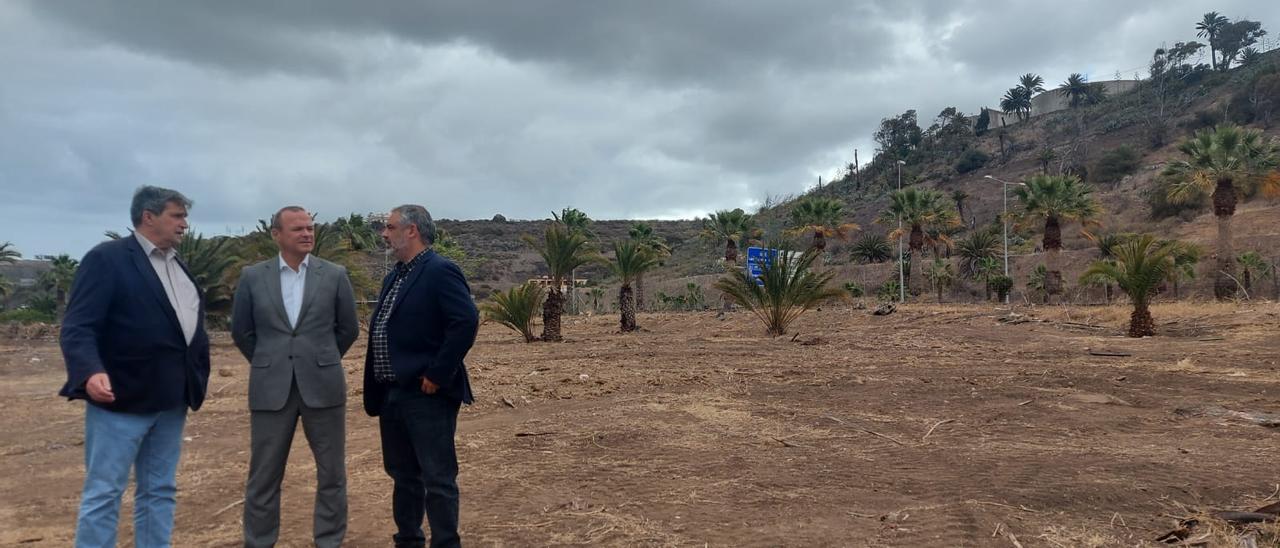 Augusto Hidalgo, alcalde de Las Palmas de Gran Canaria (en el centro), junto con el concejal de Urbanismo y el presidente de Foresta en un terreno de Tamaraceite que será reforestado