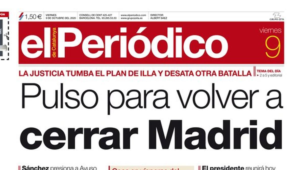 La portada de EL PERIÓDICO del 9 de octubre del 2020