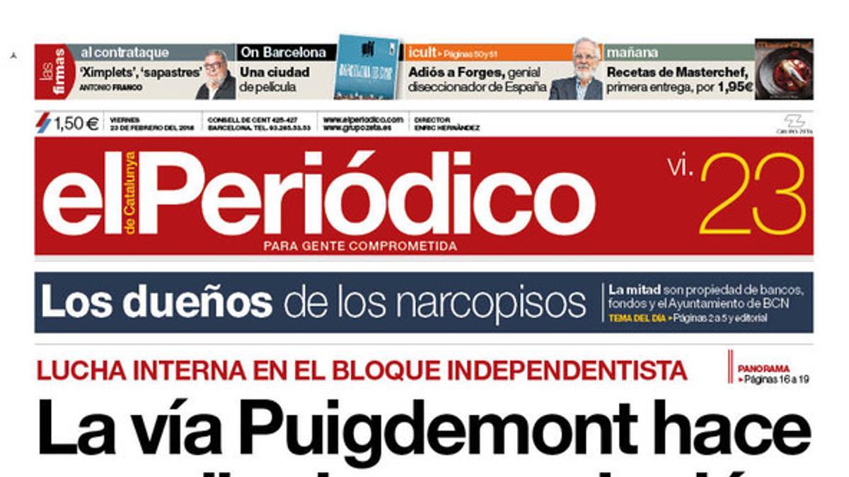 La portada de EL PERIÓDICO del 23 de febrero del 2018