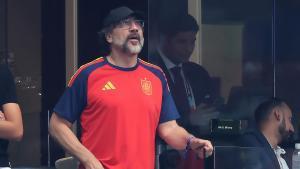 El actor español Javier Bardem en el partido de los octavos de final del Mundial de la FIFA 2026 entre Portugal y España en el estadio ATT en Arlington.