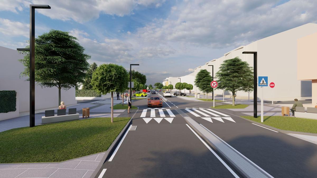 Recreación de un tramo de la avenida tras la obra, con pasos elevados, más arbolado y farolas a los lados.