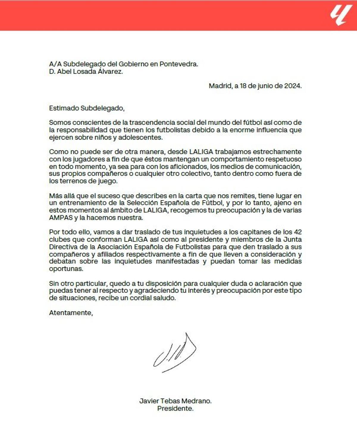 Respuesta de Javier Tebas a la solicitud del subdelegado del Gobierno en Pontevedra, Abel Losada.