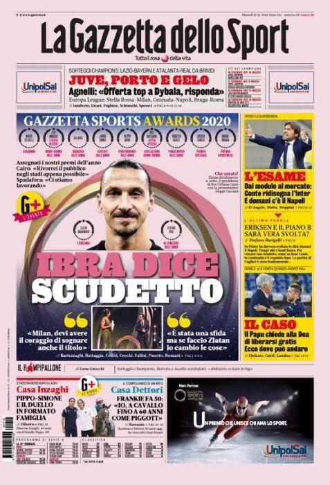 Portada GAZZETTA DELLO SPORT martes 15 diciembre