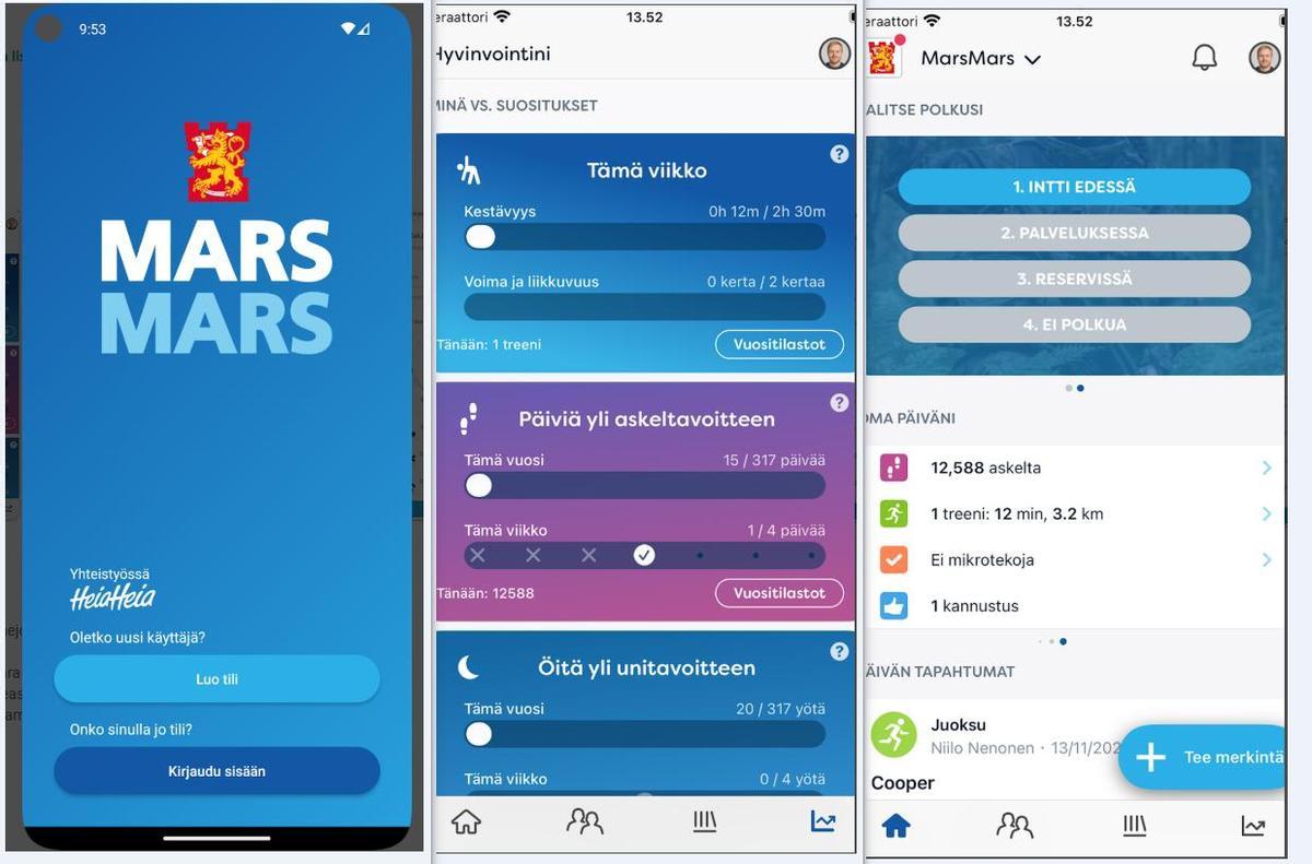Tres pantallas de la app Mars Mars, con la que el ejército finlandés instruye a la población a mantenerse en buena forma de cara su reclutamiento.