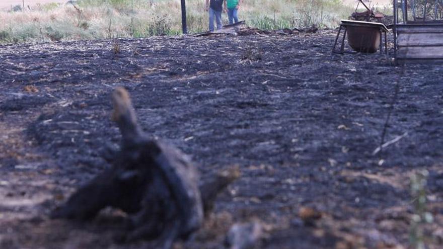 Dos personas observan los restos del terreno quemado en Vega de Villalobos.