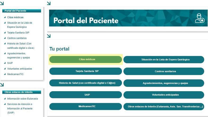 Resaltado en amarillo, el enlace a las citas médicas en GVA Salud. GVA SALUD