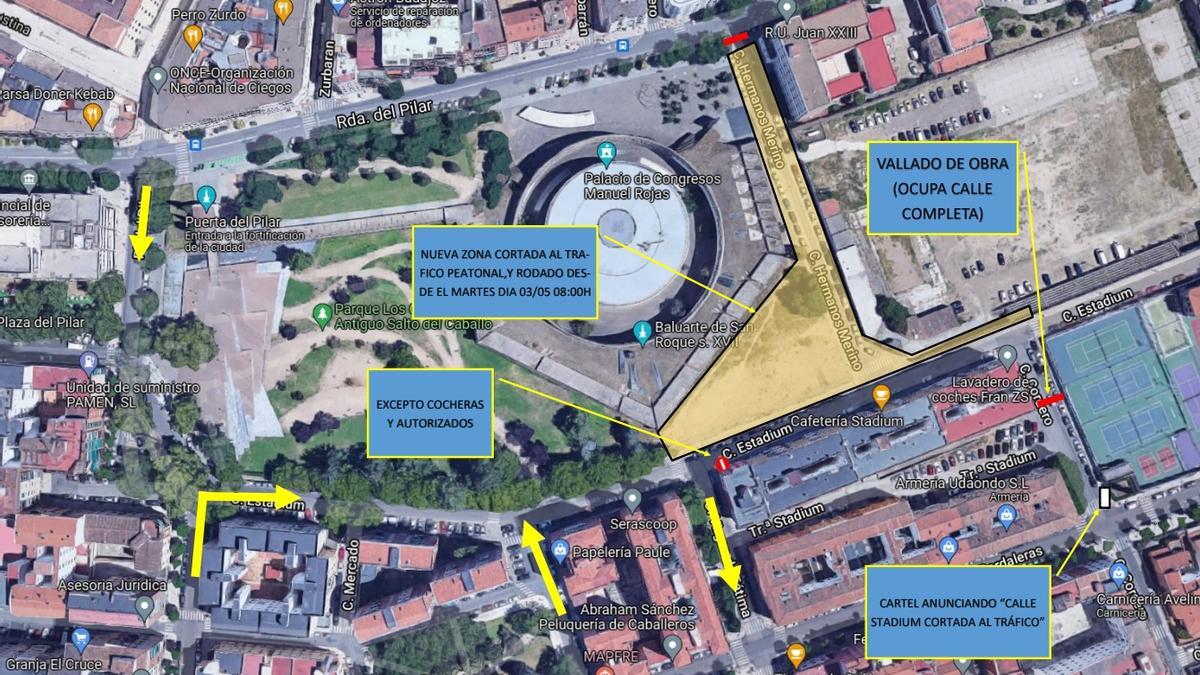 Esquema del corte al tráfico de la calle Stadium a partir del próximo lunes.