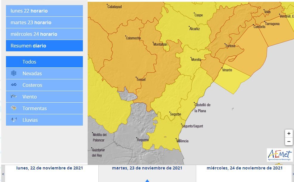 Avisos de la Aemet de cara a la jornada del martes 23 de noviembre.