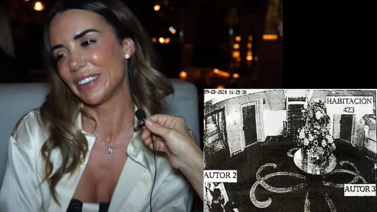 La influencer Marta Hermoso, en una entrevista. Derecha, imagen de los ladrones grabada por las cámaras de seguridad del hotel.