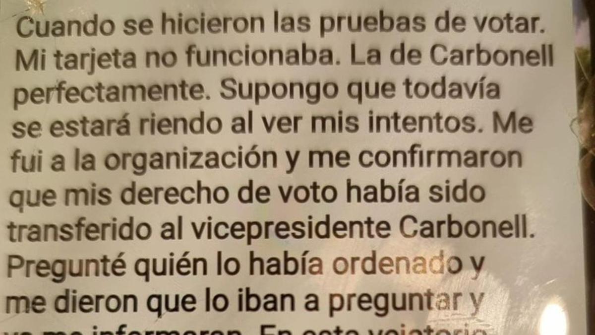 Mensaje de Senz de Breto enviado a un miembro de la Junta directiva tras la votación de la ITF.