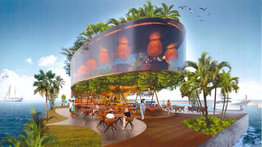 El restaurante de la isla artificial del puerto de Alicante será un edificio acristalado en tres de sus fachadas y con un patio ajardinado