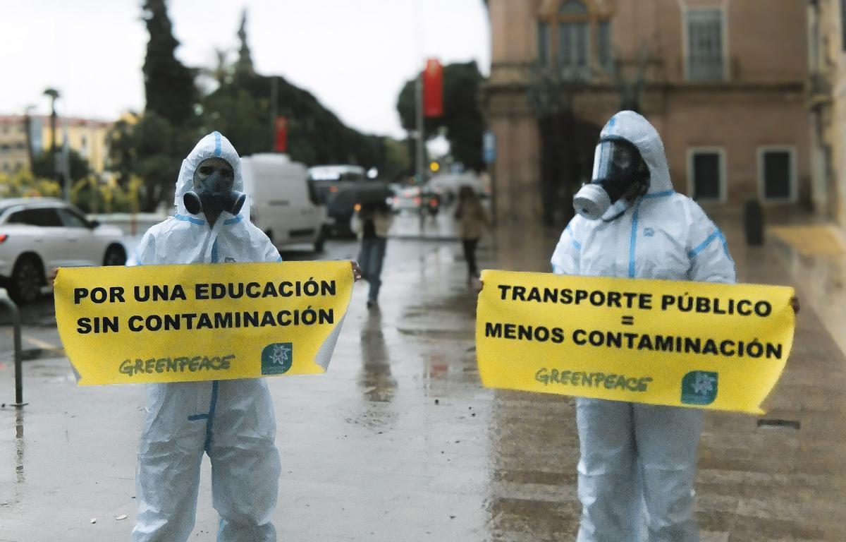 Voluntarios de Greenpeace y Ecologistas en Acción, frente a las puertas del IES Cascales de Murcia