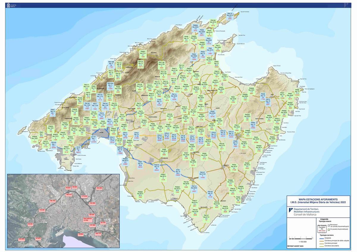 Mapa de aforos en las carreteras de Mallorca en 2022.