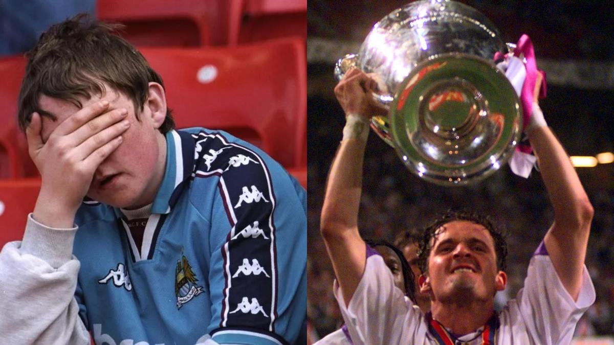 Un seguidor del Manchester City se lamenta del descenso de su equipo a Tercera en 1998 y Pedja Mijatovic levanta la tan ansiada 'Séptima' del Real Madrid, su primera Copa de Europa en 32 años.