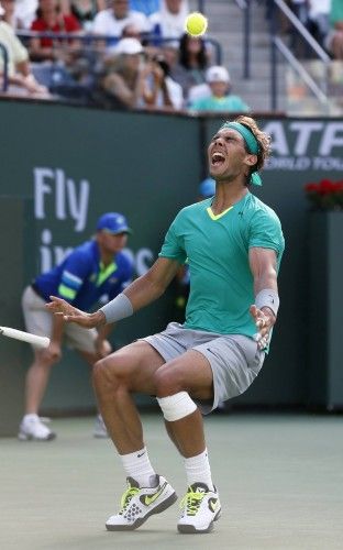 Nadal celebrates defeating Del Potro in the BNP Paribas Open ATP tennis tournament in California