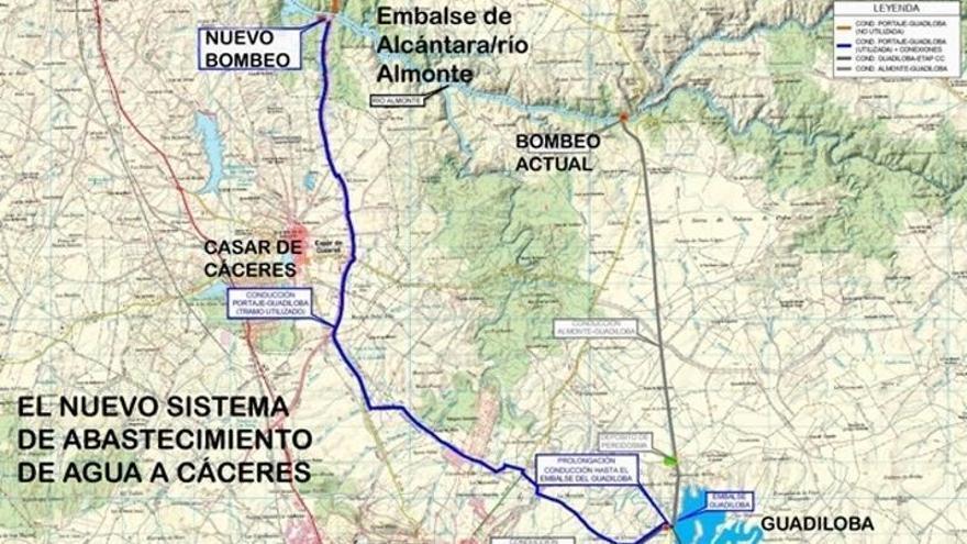 Plano del nuevo bombeo que abastecerá a Cáceres desde otra toma dentro del embalse de Alcántara.