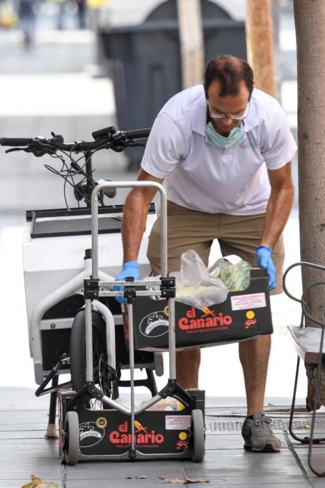 29-04-20  LAS PALMAS DE GRAN CANARIA. CIUDAD. LAS PALMAS DE GRAN CANARIA. Fotos del dia. Este señor reparte la compra a personas que tienen movilidad reducida llevandoles la compra  en el  vehiculo de su empresa llamada Apiñon, se ha tenido que reconvertir pasando de llevar a turistas de los cruceros al reparto. Fotos: Juan Castro.  | 29/04/2020 | Fotógrafo: Juan Carlos Castro