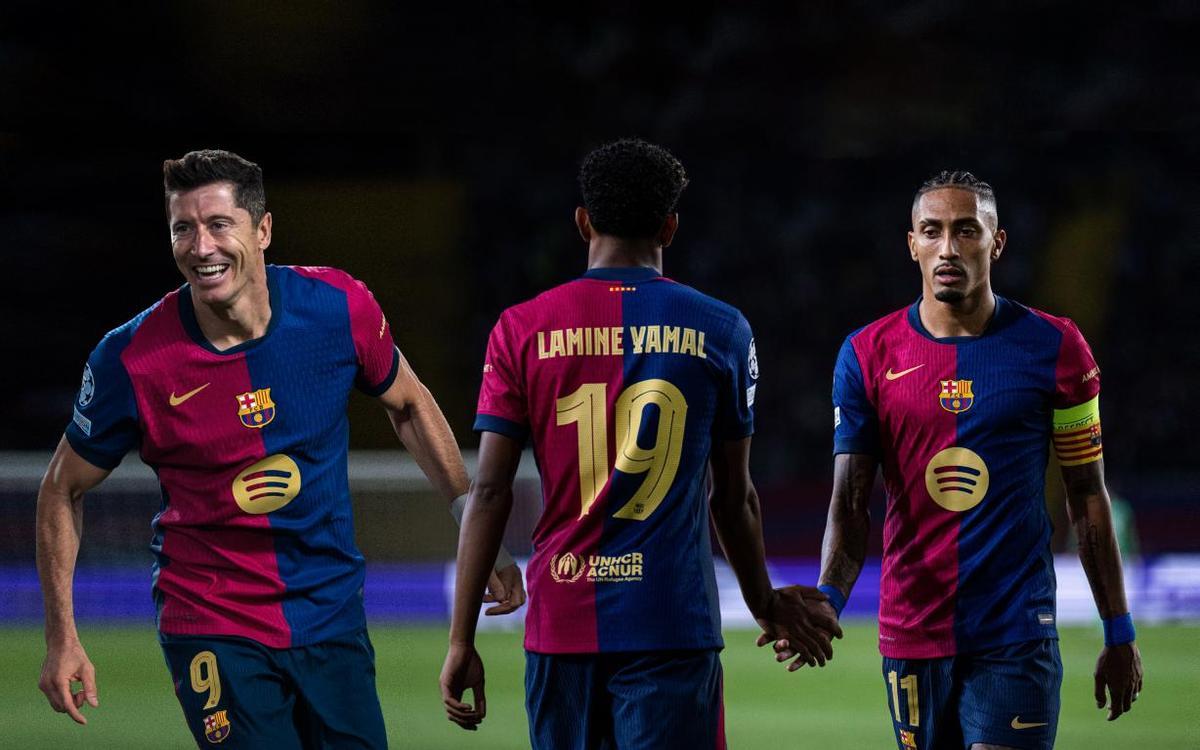 Lewandowski, Lamine y Raphinha con la camiseta del Barça