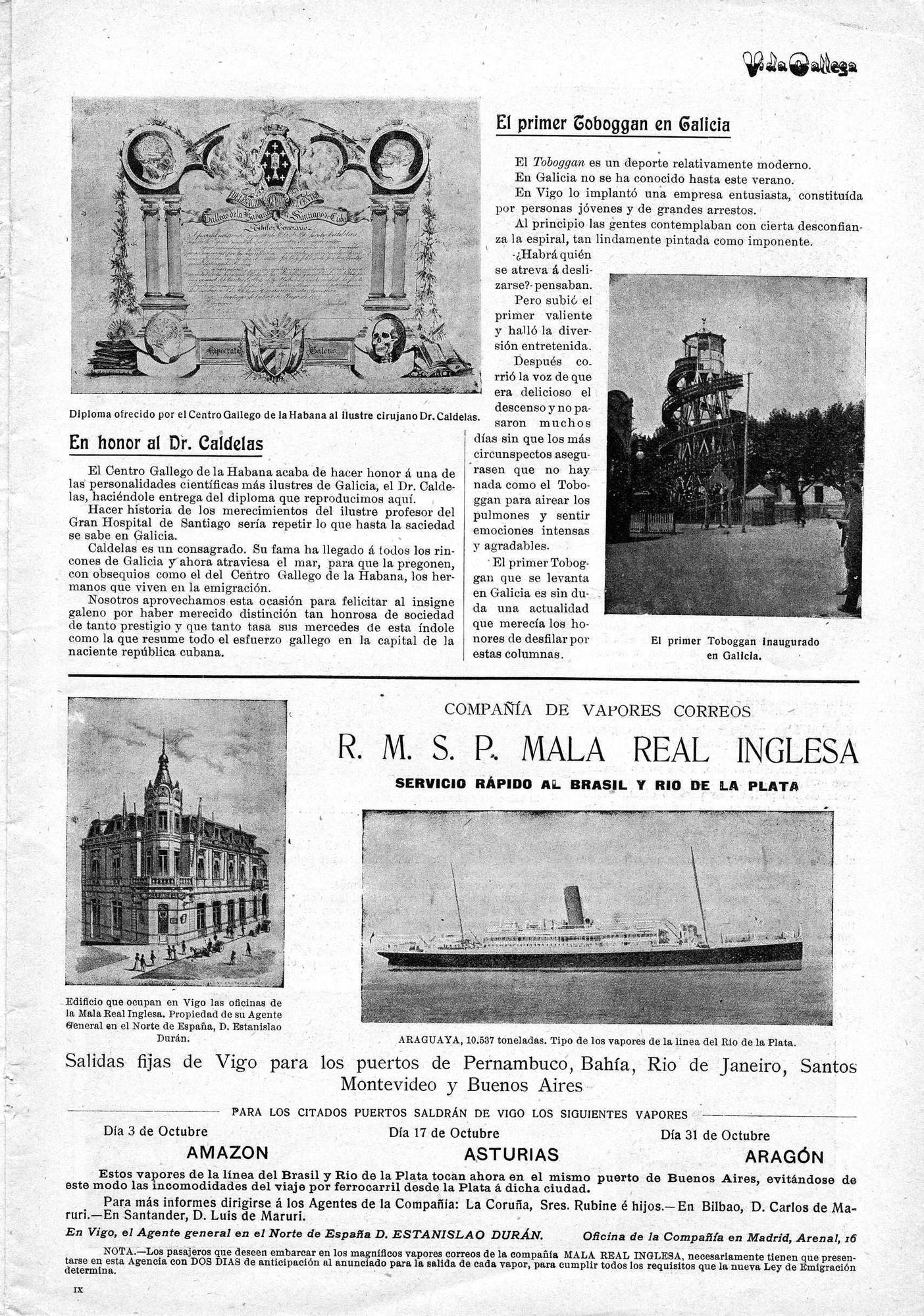 Página de &#039;Vida Gallega&#039; de septiembre de 1909 donde aparece la única foto que se conserva del tobogán