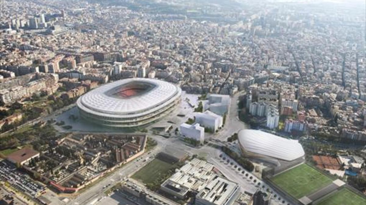 Simulación informática del actual proyecto del Espai Barça visto desde aire.