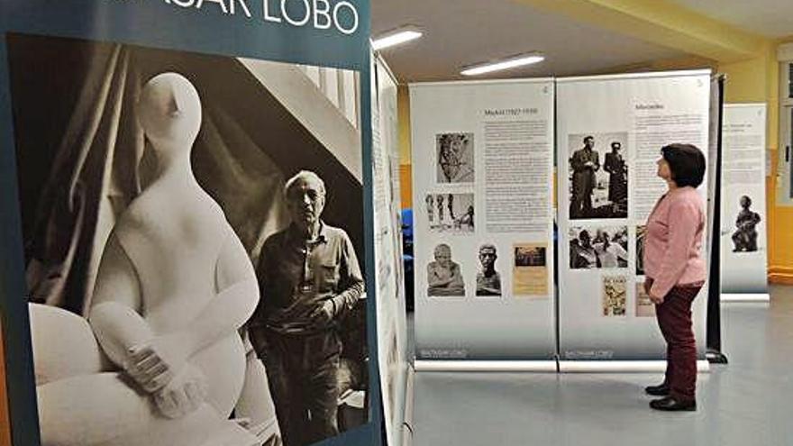 Una persona observa la exposición sobre Baltasar Lobo en el instituto de Camarzana de Tera.