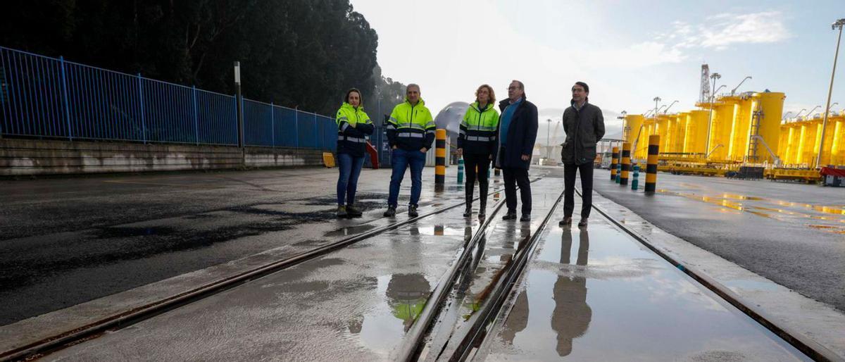 Silvia Alba, Mario González Sedano, Olga Sánchez Luzón, Santiago Rodríguez Vega y Ramón Muñoz-Calero, en el cruce de vías en el muelle de Valliniello.