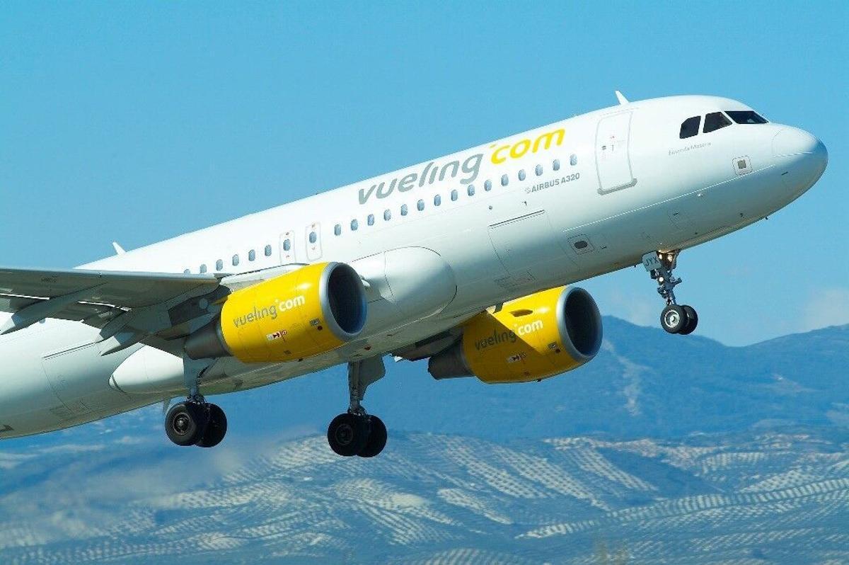 Un avión de Vueling en pleno vuelo.