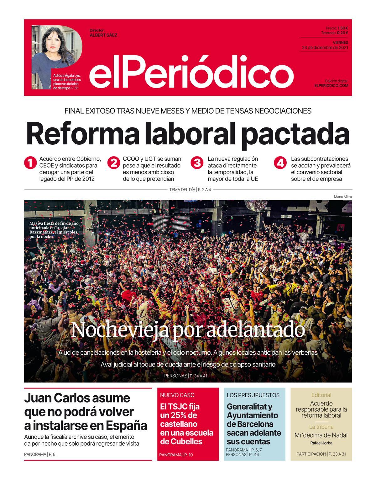 La portada d’EL PERIÓDICO del 24 de desembre del 2021