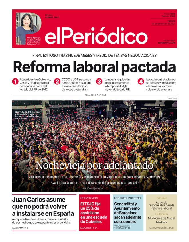 La portada d’EL PERIÓDICO del 24 de desembre del 2021