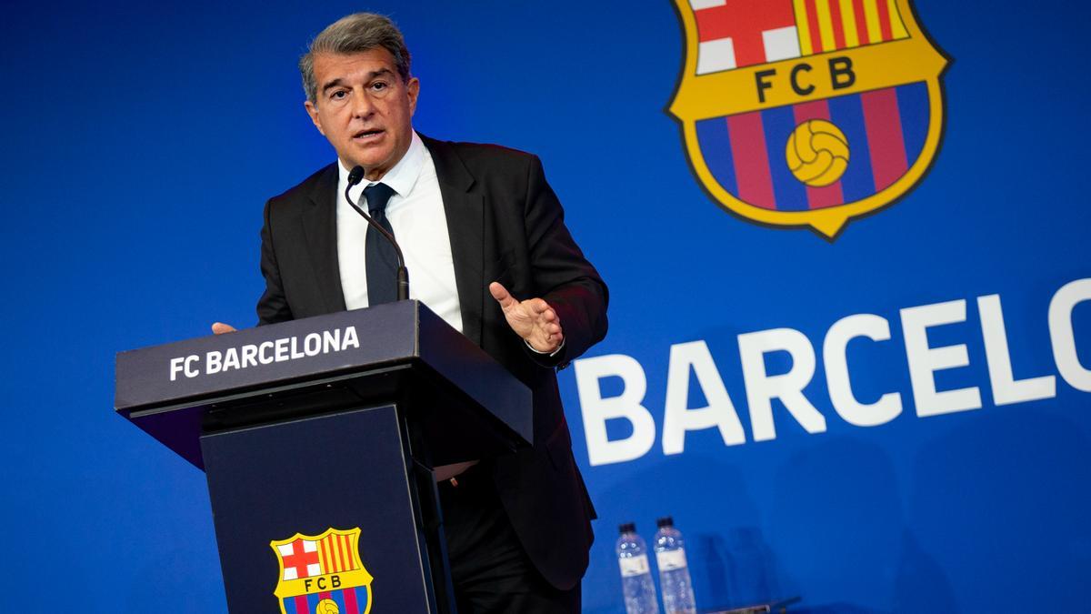 Joan Laporta, presidente del Barça, durante una rueda de prensa