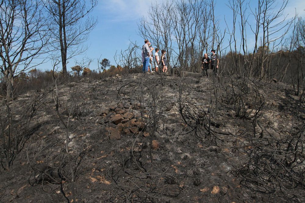 Vecinos, ayer, en torno al dolmen de 'Medoña', en Moreiras, que el fuego ha hecho más visible.