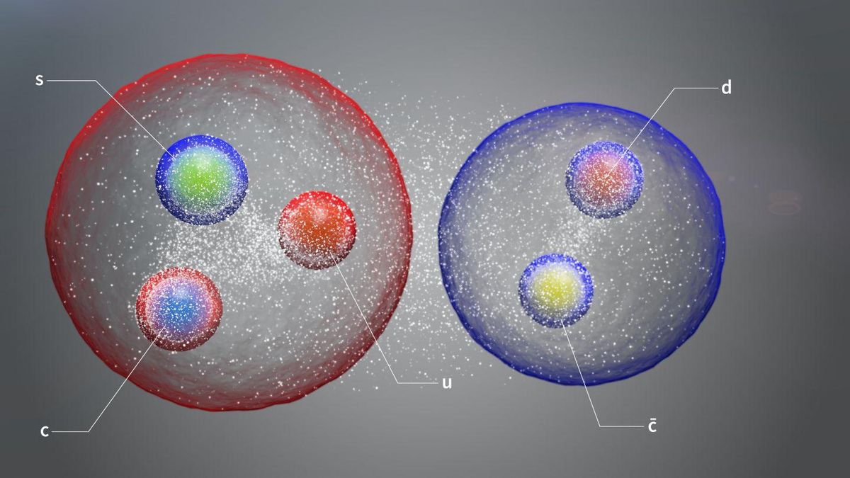 El nuevo pentaquark, ilustrado como un par de hadrones estándar unidos libremente en una estructura similar a una molécula.