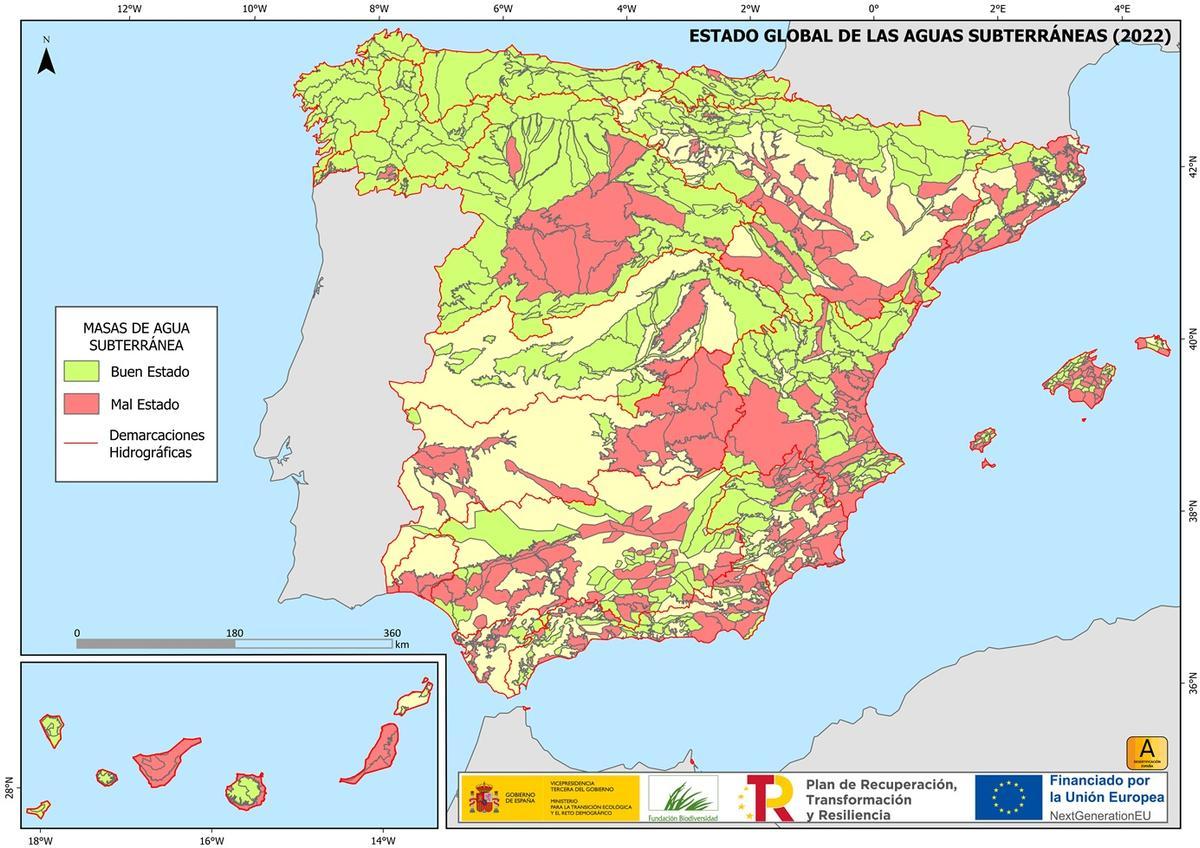 Estado de las aguas subterráneas; en oscuro, en mal estado
