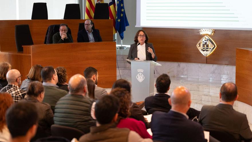 Cristina Rico, durante su ponencia y, detrás a la izquierda, Armengol Grau y Javier Domínguez, ayer, en el Consell de Eivissa. | VICENT MARÍ