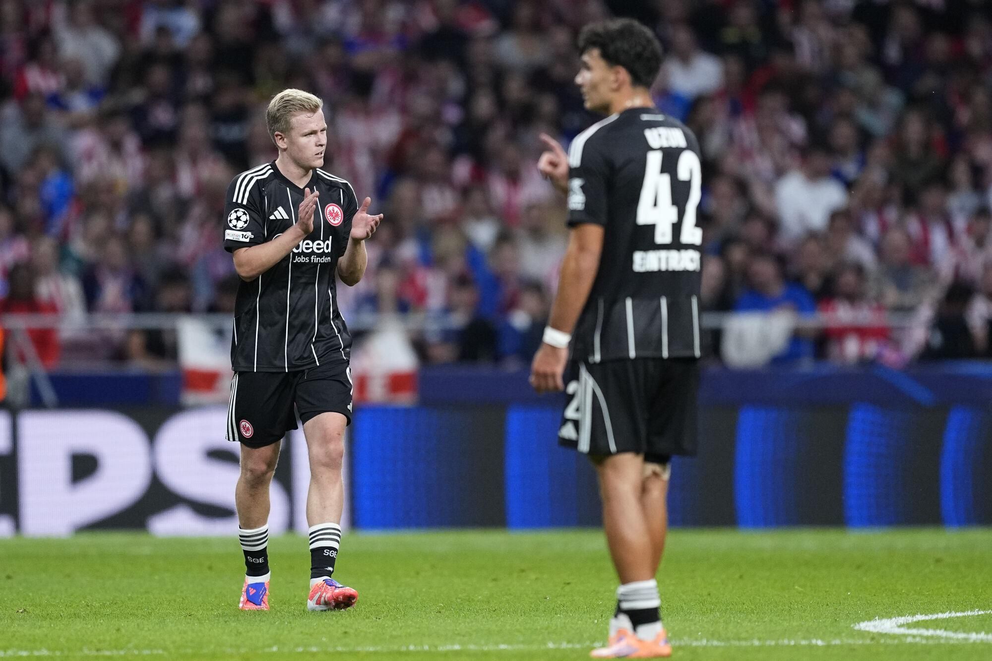 Jonathan Burkardt of Eintracht Frankfurt?? celebrates a goal during the UEFA Champions League 2025/26 League Phase MD2 match between Atletico de Madrid and Eintracht Frankfurt at Riyadh Air Metropolitano on September 30, 2025, in Madrid, Spain. AFP7 30/09/2025 ONLY FOR USE IN SPAIN. Oscar J. Barroso / AFP7 / Europa Press;2025;SOCCER;SPAIN;SPORT;ZSOCCER;ZSPORT;Atletico de Madrid v Eintracht Frankfurt - UEFA Champions League 2025/26 League Phase MD2;