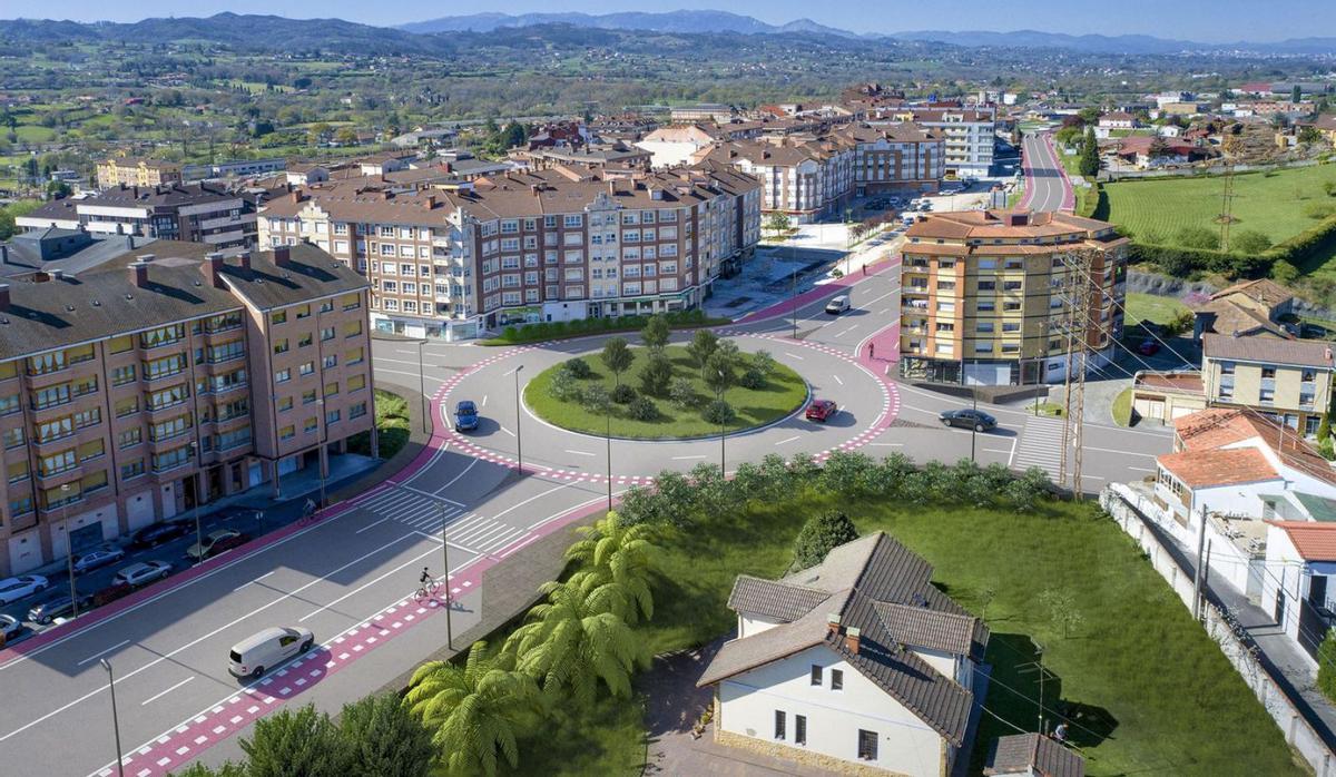 Recreación del proyecto de la rotonda que sustituirá al cruce semafórico actual. La intervención no incluirá los carriles bici, que sí estaban en el proyecto que quedó descartado tras el conflicto de límites con Noreña. | A. S.